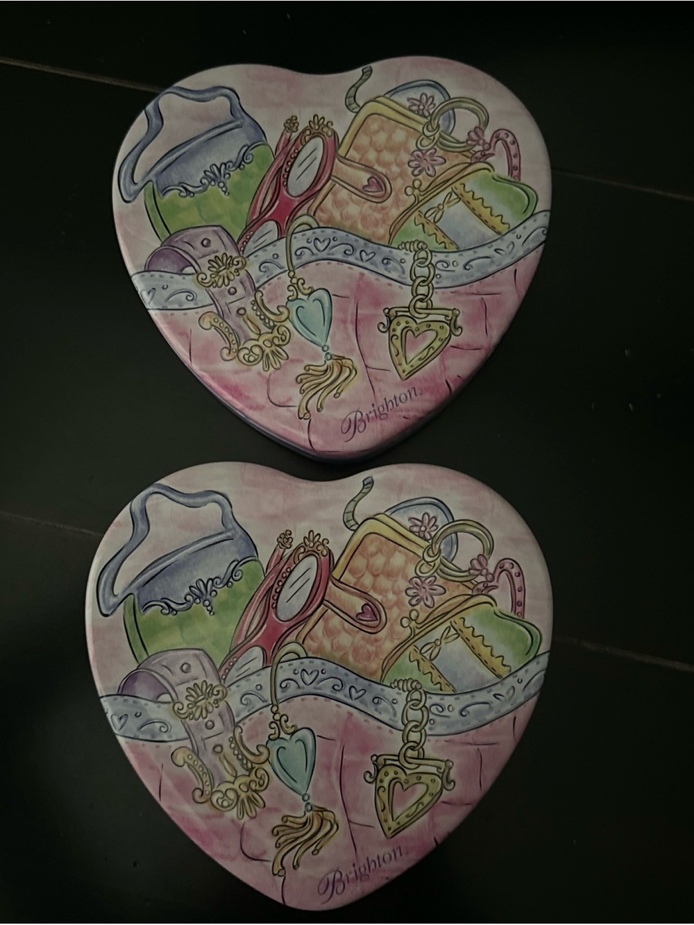 Brighton Heart-Shaped Trinket Tins - Pink with Green, Blue & Gold Accents